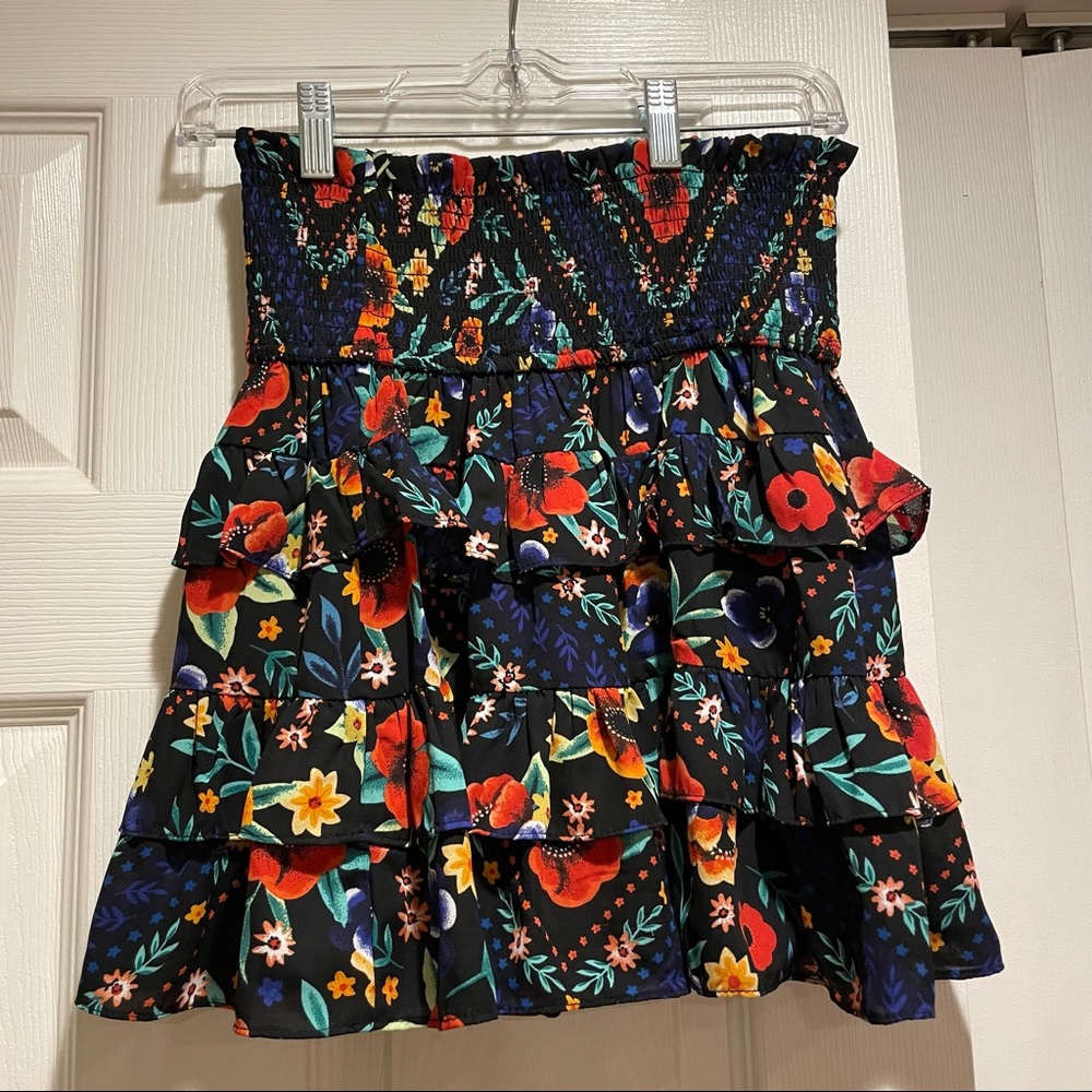Olivaceous Floral Print Ruffle Skirt